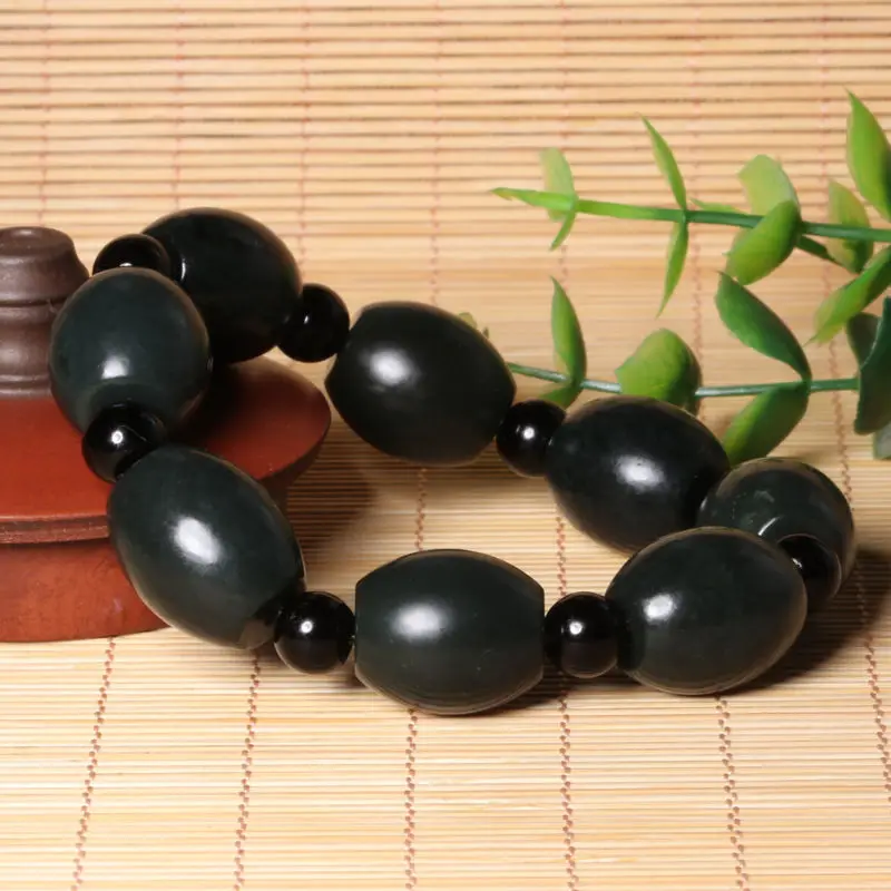 Hetian Gray Jade Barrel Beads as Right as Rain Elastic Men's Chain Single Ring Tower Bluish Black