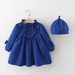 Winter New Girls' Dress Lace Pleated Bow Solid Color Two-Piece Long-Sleeved Dress + Cap Puffed Sleeve Lace Neckline