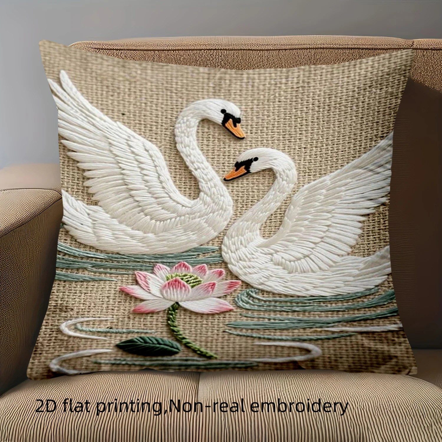 1 pillowcase 2D flat printing Embroidered Swan Pattern Burlap Style Cushion Polyester pillowcase sofa decorative cushion cover