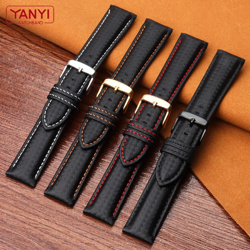 Genuine Leather Bracelet Carbon fiber grain Watchband 18mm 20mm Red Orange stitching watch band 21mm 22mm 23mm 24mm watch strap