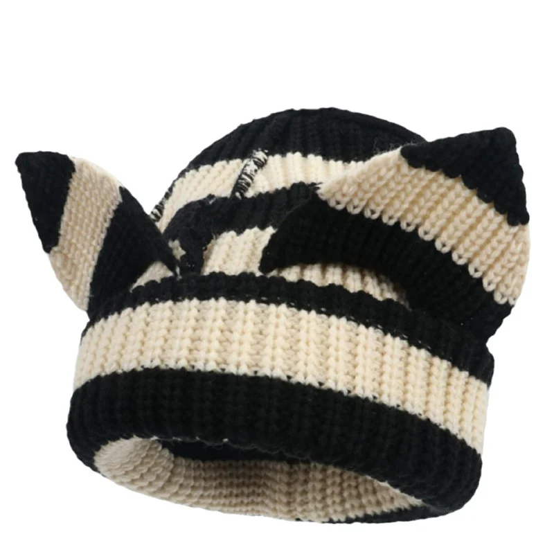 Women Cute Little Devil Cat Ear Striped Warm Hat Harajuku Elf Ears Knitted Beanies Cap Girls Winter Hooded Caps