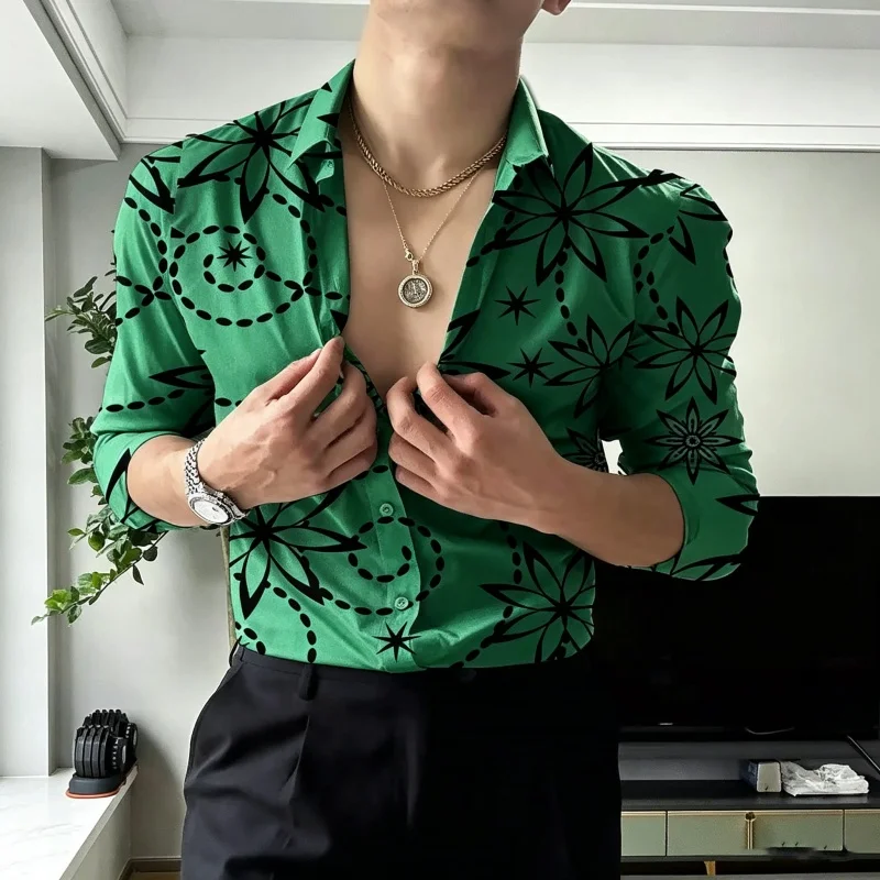 Men's Floral Print 3/4 Sleeve Shirt Slim Fit Casual Button Down Blouse