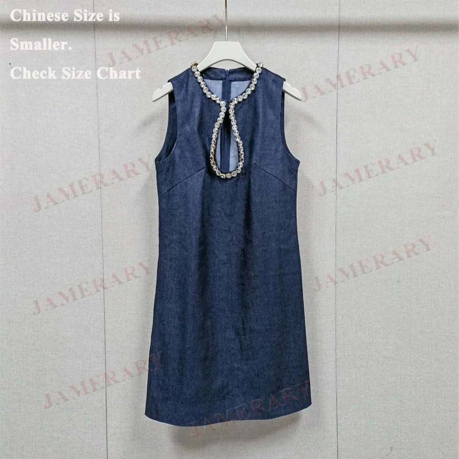 여름 비즈 블루 데님 진 드레스 여성 민소매 베스트 탱크 A라인 속이 비치는 다이아몬드 미니 숏 드레스 휴가용 스위트