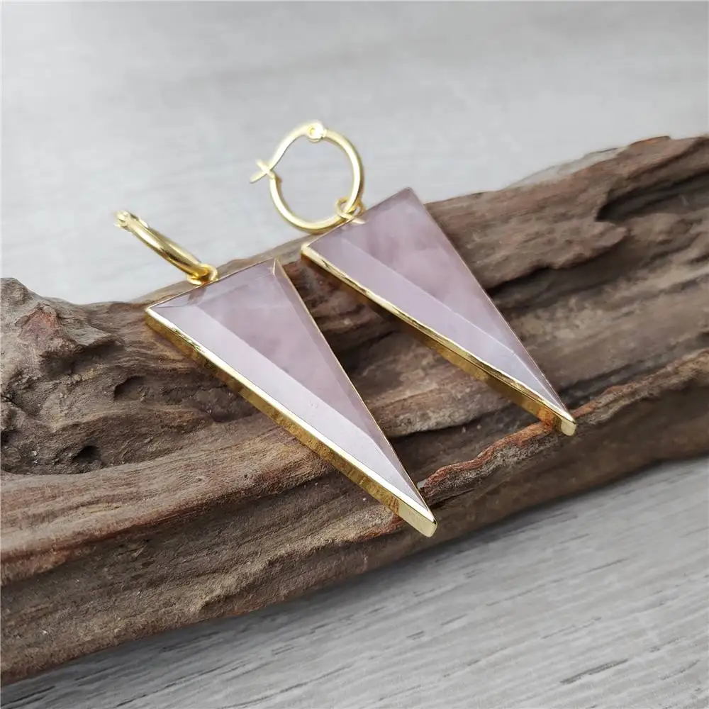 FUWO Carved Triangle Shaped Rose Quartzs Earrings,Gold Color Plated Handmade Natural Pink Crystal Hoop Earring ER426 5Pairs/Lot