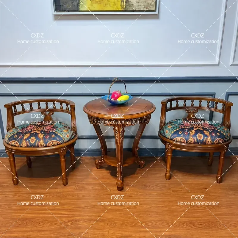 Solid Wood Sofa Chair Single Retro Leisure Chair for Villa Living Room Backrest Lazy Chair Fabric Shoe Changing Stool