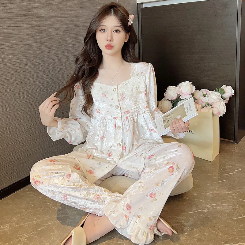 Printed Golden Velvet Pajamas For Women Autumn Winter Long Sleeved Warm Home Suit Diamond Sleepwear Clothing Pijamas Para Mujer