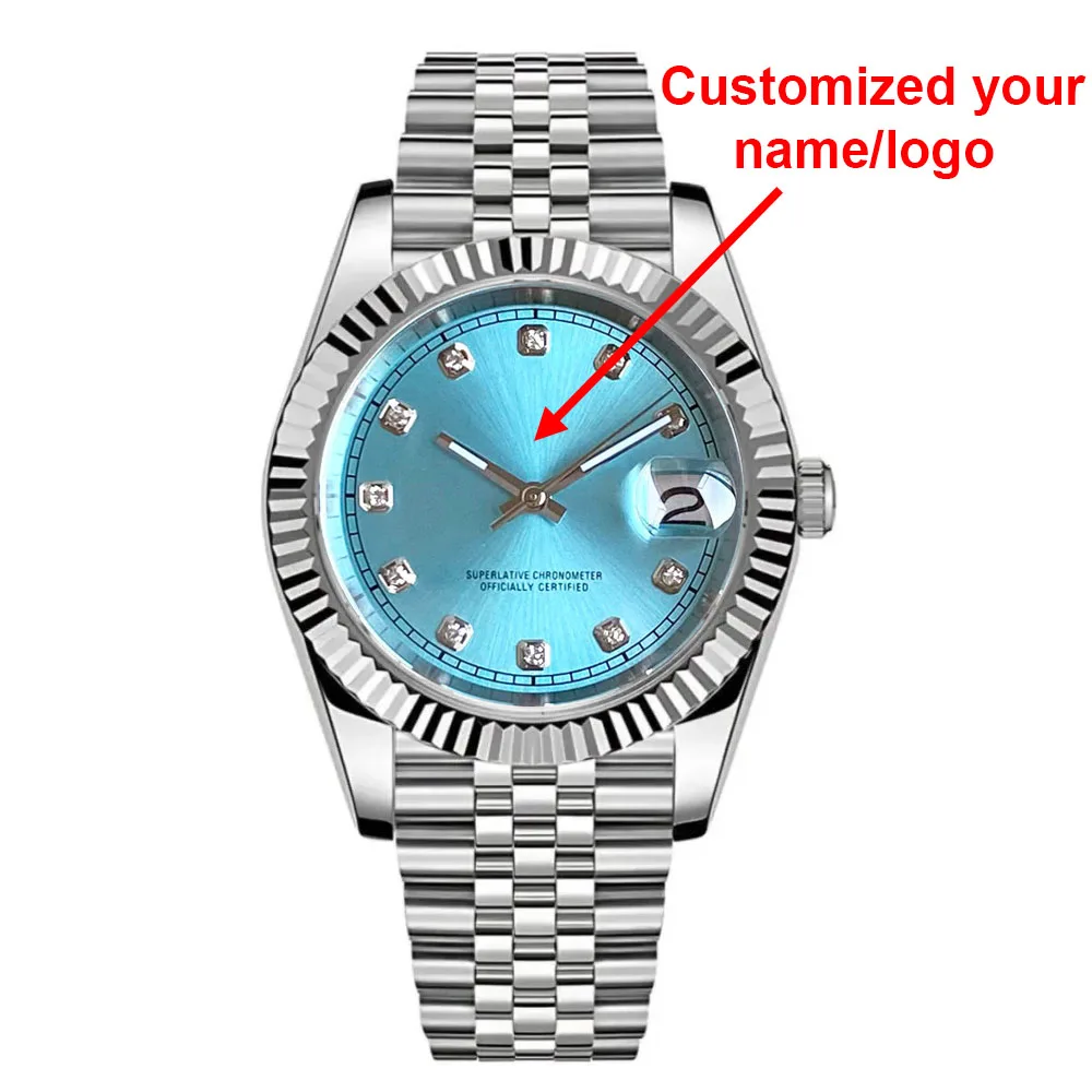 Customized 36mm Automatic Men Watch Blue Dial Diamond Index Japan NH35A Movement Steel Bracelet Sapphire Glass Slide Buckle