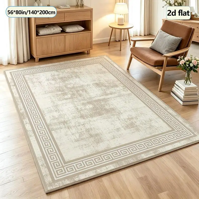 Antique Greek Key Pattern Distressed Texture Rug, Square Rug, Suitable for Farmhouse Country-Style Home Floor Decoration
