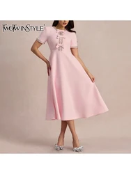 TWOTWINSTYLE Solid Spliced Diamonds Loose Dresses For Women O Neck Short Sleeve Temperament Elegant Dress Female Fashion Style