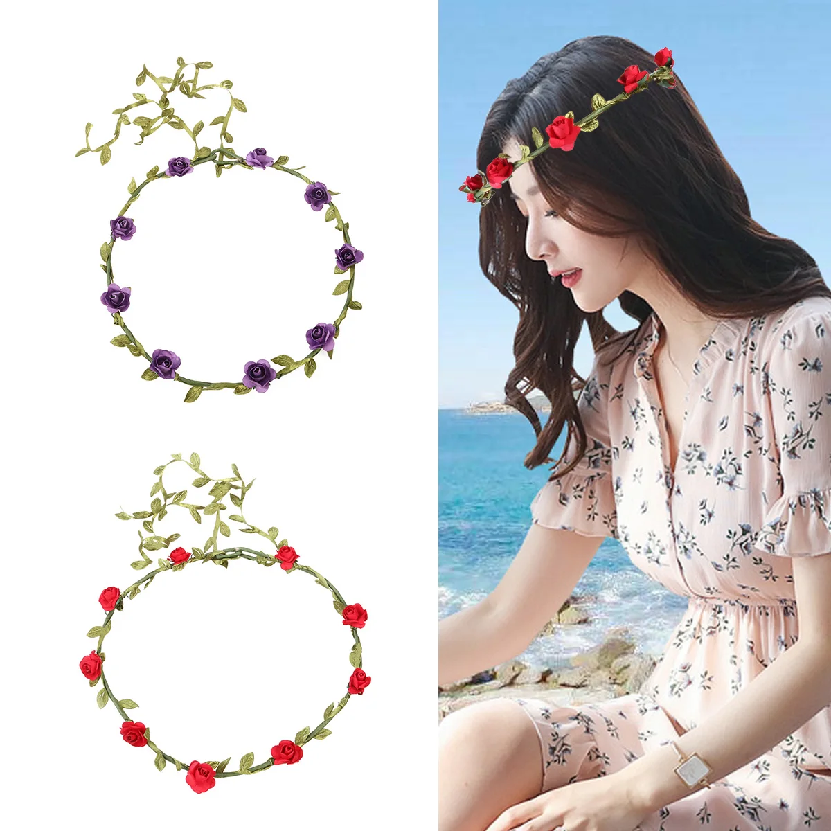 

10pcs Artificial Flower Wreath Stylish Pink Wide Floral Headband Durable Comfortable Wedding Girls Party Accessories