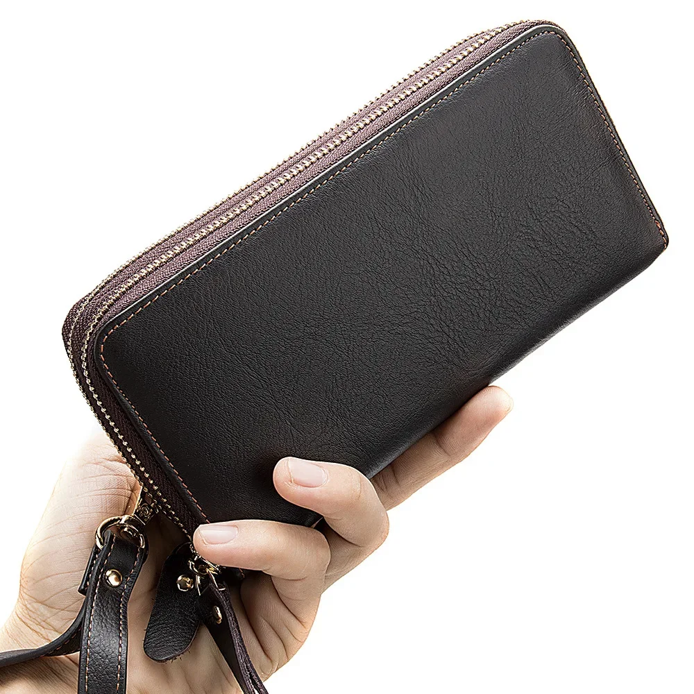 Casual Leather Long Purse Double Zipper Real Cowskin Men's Women's Clutch Large Capacity for cards cash photo phone