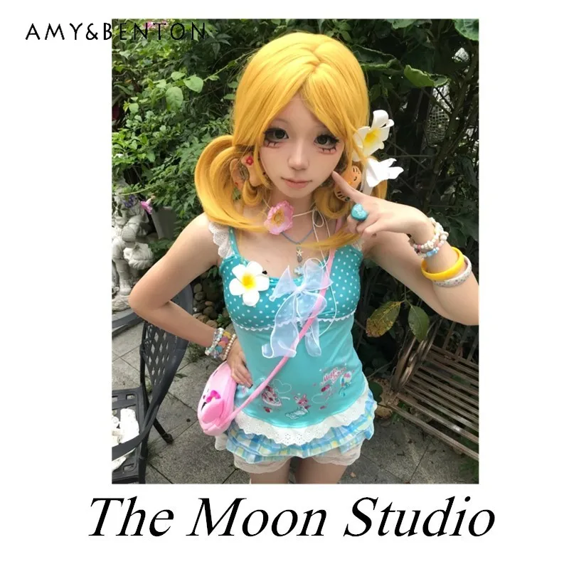 

Y2K Millennial Blue-green Embroidered Rabbit Summer Two-dimensional Yabi Cute Vintage Lace Top Suspender Vest For Women
