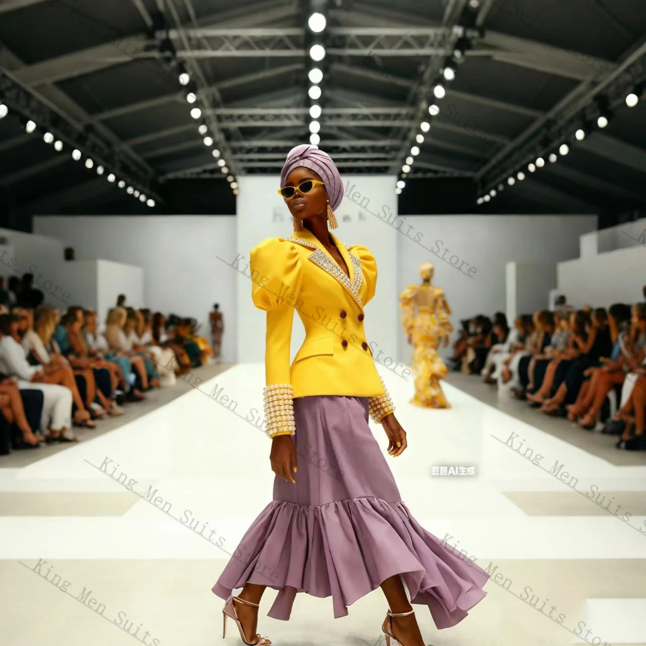 

Pearls Yellow Women Suit Set 2 Pcs Blazer+Prom Dress Catwalk Cotton Customized Formal Office Lady Wedding Tuxedos Coat Jacket