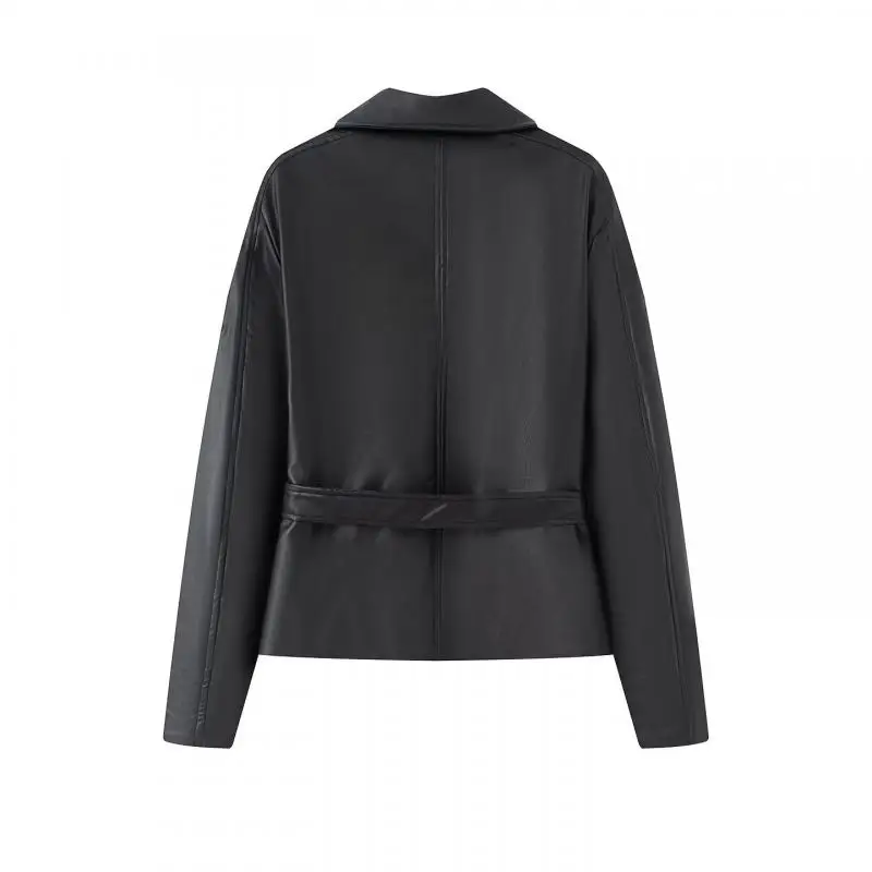 Withered Minimalist Women's Jacket Belt In Southern France Imitation Leather Long Sleeved Windbreaker Black Jacket Woman Clothes