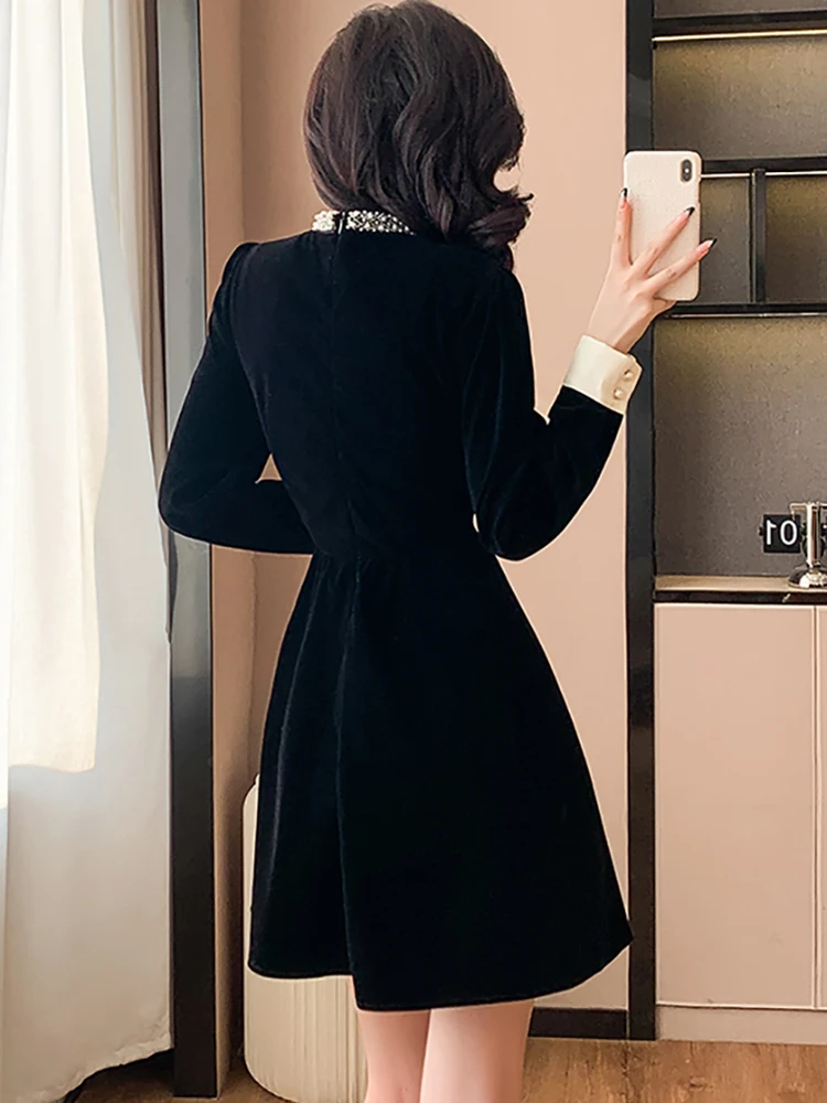 女性韓国ヴィンテージヘップバーン風プロムドレス秋冬ブラックベルベットダイヤモンドスタンドカラードレス2025エレガントボディコンパーティードレス