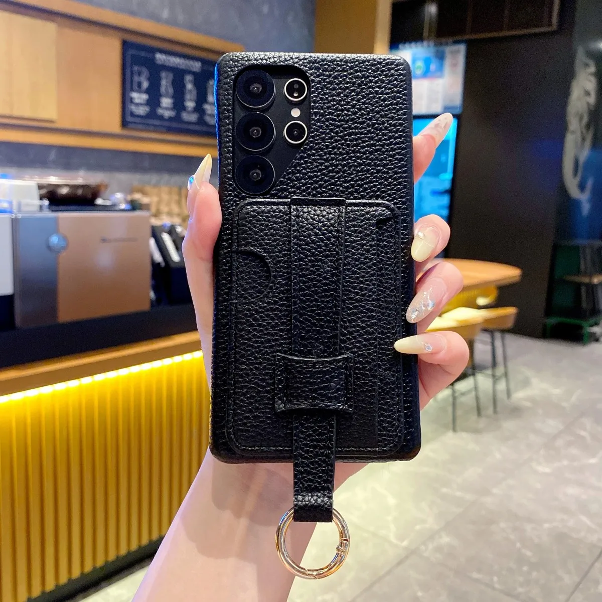 Luxus Litschi Muster PU Leder Brieftasche Fall Für Samsung Galaxy S20U S25U S22 A15 A56 A06 Schwarz Karte Halter Handgelenk strap Abdeckung