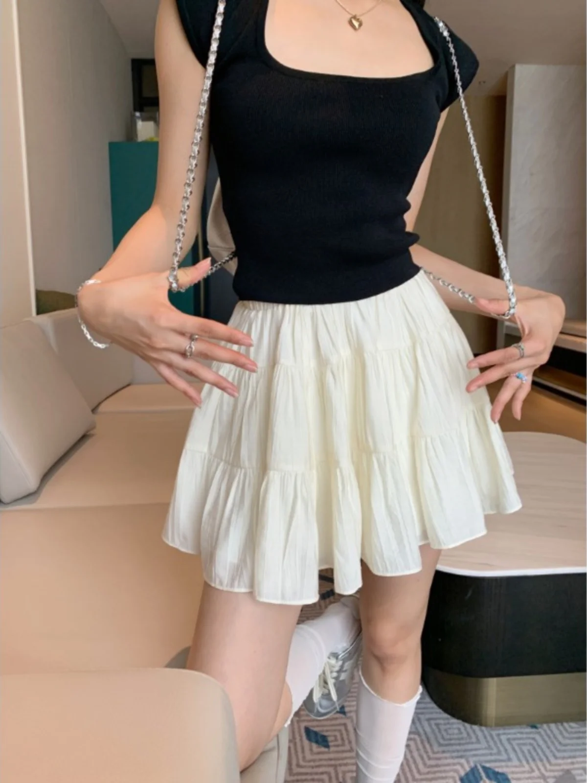 

White Comfortable ort A-Line Skirt Women's Summer 2025 New Loose Slimming Skirt High Waist Color Versatile Sle