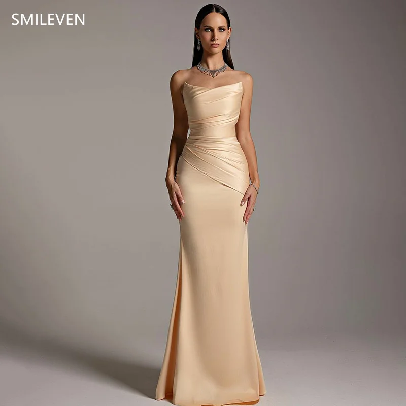 

Smileven Champagne Mermaid Sleeveless Prom Dress Strapless Side Spilt Party Gowns Length Formal Evening Dress Customized 2024