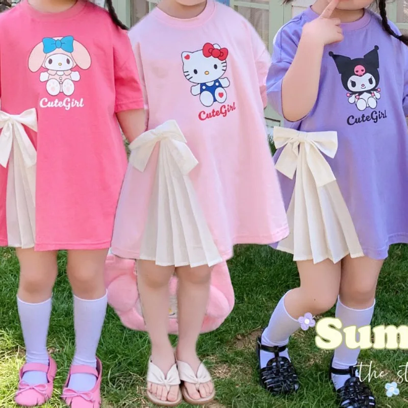 

Kawaii Sanrios Cartoon Hellokitty Dress Anime Cinnamoroll Summer Short Sleeve Skirt My Melody Princess T-Shirt Dress Girls Gifts