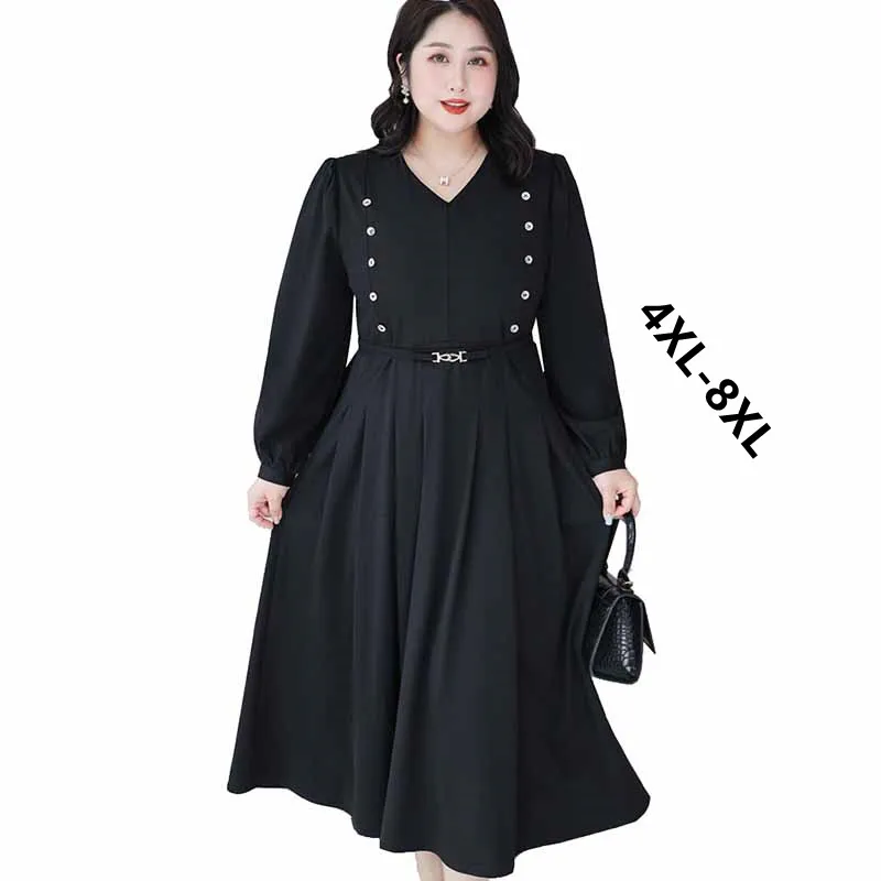

2022 Spring Autumn Fashion Oversized Women's Clothing Long Black Dress Vintage Long Sleeves V-Neck A-Line Dresses Vestidos JH176