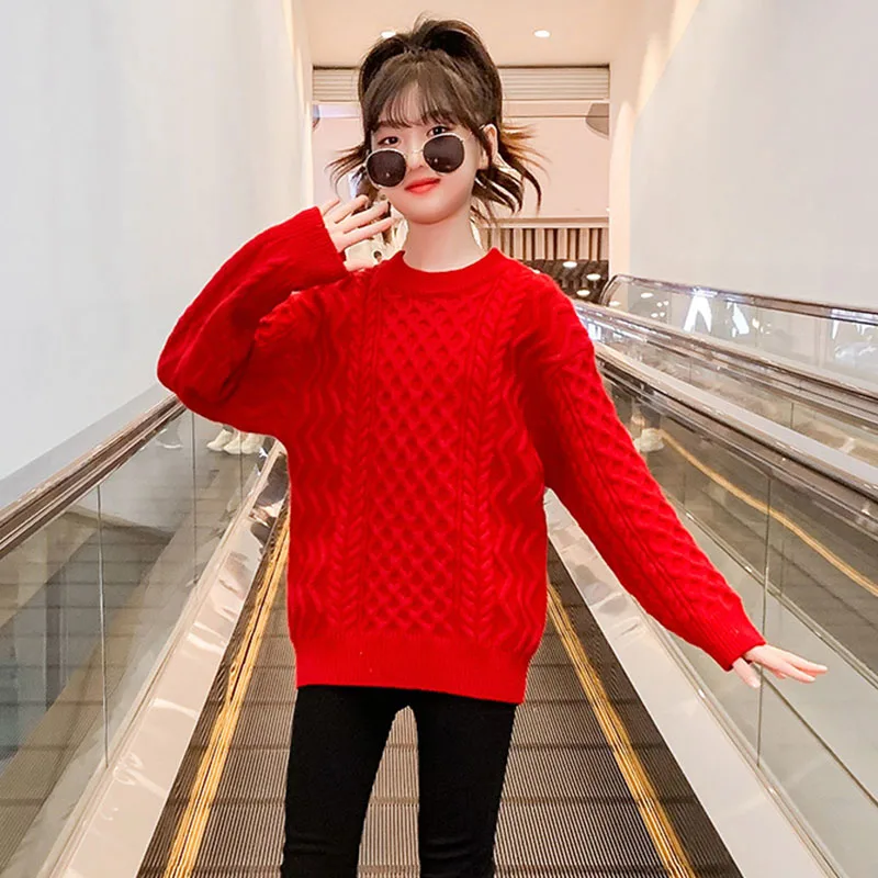 

Свитера с 3D узором для девочек, одежда для подростков, детские вязаные милые топы, осенняя одежда для девочек, красный, розовый, бежевый, размер 7, 8, 9, 10, 11 12-16