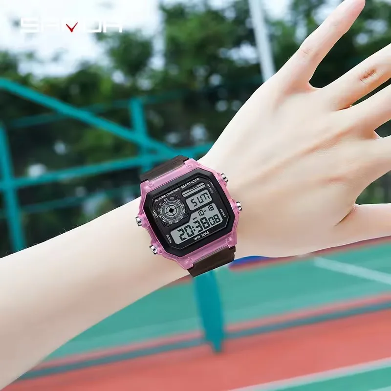 SANDA 6133 ساعات إلكترونية عصرية للرجال والنساء ساعة رياضية كاجوال شفافة بتقويم مضيء للجنسين ساعة يد رقمية