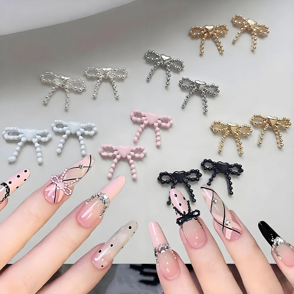 10PCS Spray Painted Metal Nail Art Love Heart Bow Charms Parts Kawaii Accessories For Nails Decoration Manicure Decor Supplies