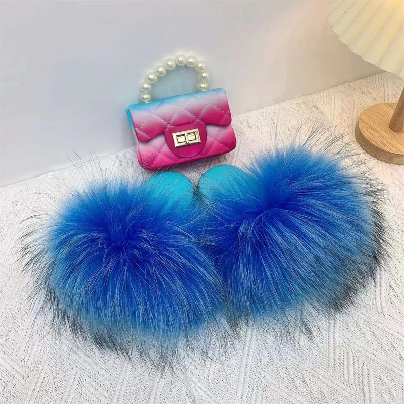 Kids Fox Fur Slippers and Purse Set Wholesale Furry Fluffy Fur Slideshow Toddler Girl Shoes Child Rainbow Sandals Jelly Bag Sets