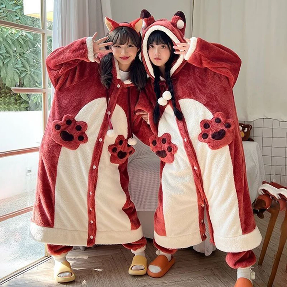 Plush Fleece Nightgown For Women Girl Winter Warm Casual Hooded Nightdress Homewear Cute Anime Fox Cosplay Suit Flannel Pajamas