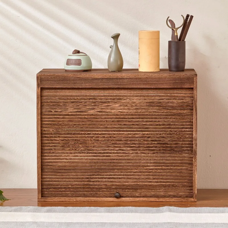 Solid Wood Tea Storage Cabinet Dust‑Proof Roller Shutter Cup Teapot Organizer Tea‑Set Display Case Practical Teahouse Container