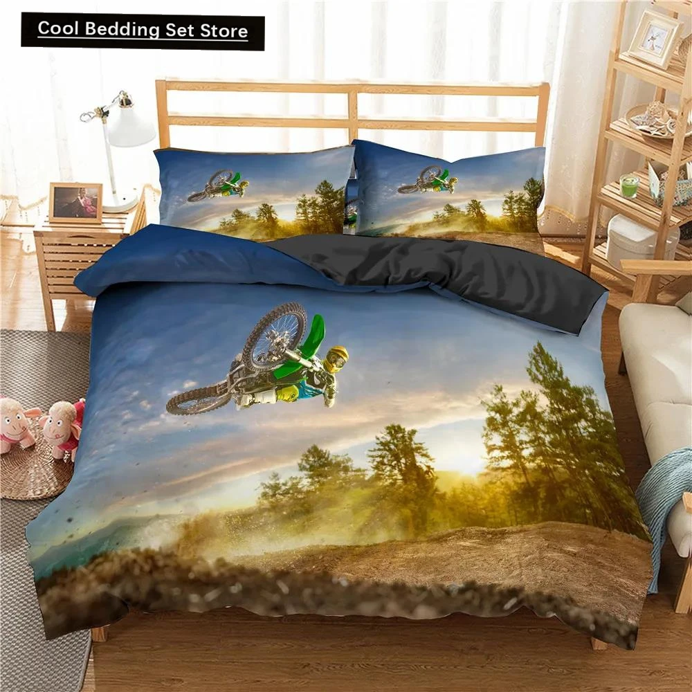 Motocross Bedding Set for Boys Adults Men Off-road Race Motorcycle Duvet Cover Bed Cover Single King Queen Polyester Quilt Cover