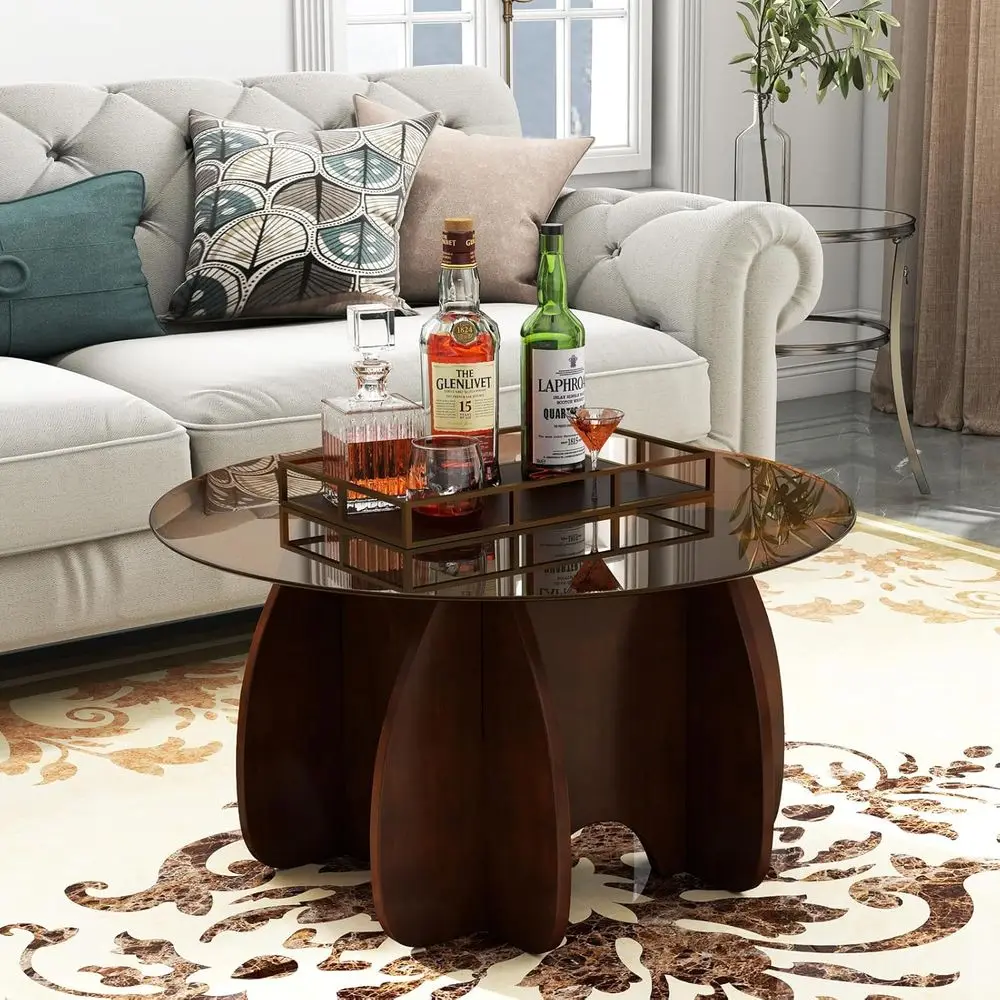 Modern Round Brown Glass Coffee Table - Extendable Accent Furniture for Small Living Spaces