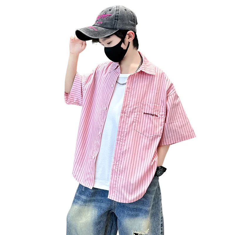 Stylish Kids Boy Shorts Sleeve Summer Pink Shirt Age 5 6 7 8 9 10 11 12 13 14 Years Child Vertical Stripe Blouse Shirt Outfit