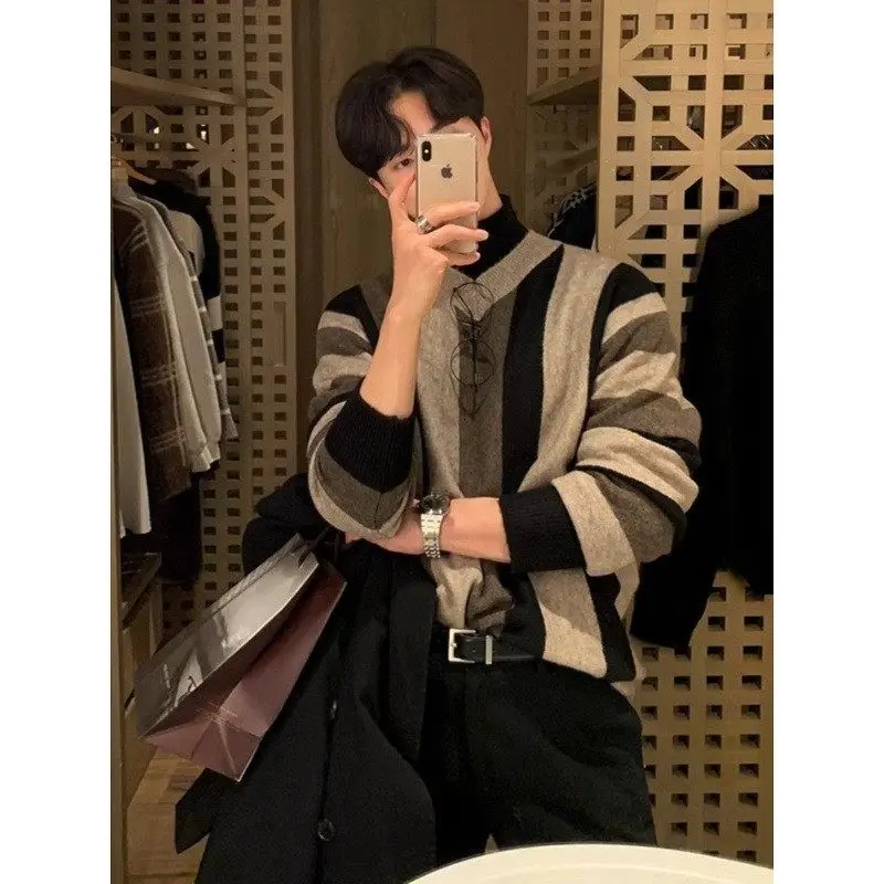 

Мужской вязаный свитер в американском стиле с V-образным вырезом, осенне-зимний, свободный крой, разноцветный, удлиненный, молодежный, повседневный