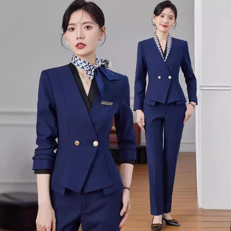 

Темно-синий комплект костюма для женщин, осенний ювелирный магазин, спецодежда для салона красоты, униформа для приема на стойке регистрации, высококачественная официальная одежда