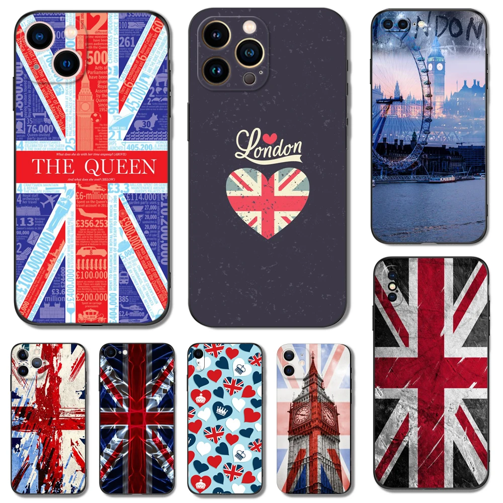 Black tpu case for iphone 14 13 12 11 mini pro MAX 5 5s se 2020 6 6s 7 8 plus x 10 XR XS cover flag uk london wallpapers