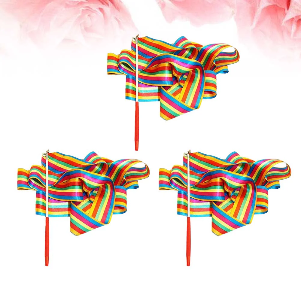 3pcs 4M Rhythmic Gymnastics Ribbon with Stick Children Dancing Streamers Riband Twirling Rod(Horizontal Stripe)