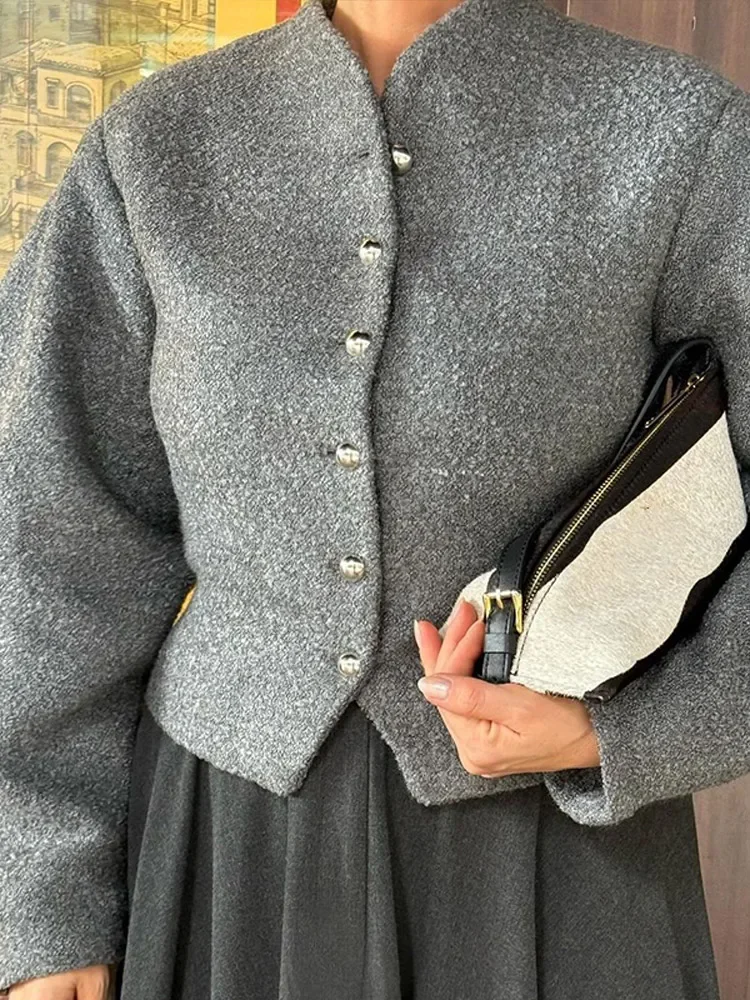 

Casual Solid Color Round Neck Woolen Short Coat Fashion Single Breasted Jacket 2025 New Autumn Daily Commuting Office Outerwears