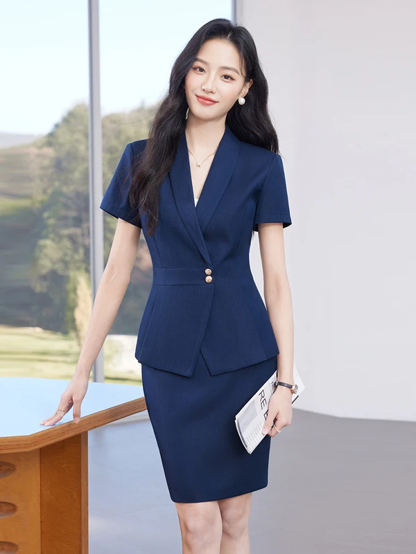 Elegant Tailored Women's Suiting Set Professional Workwear Slim Fit Commute Style Short Sleeve Button up Office Fashion