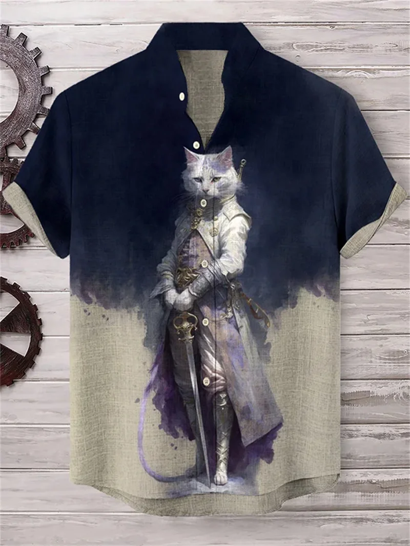 

New Men's Linen Short Sleeve Shirt Vintage 3D Wave Octopus Printed Wave Button Shirt Men's Casual Top Shirt