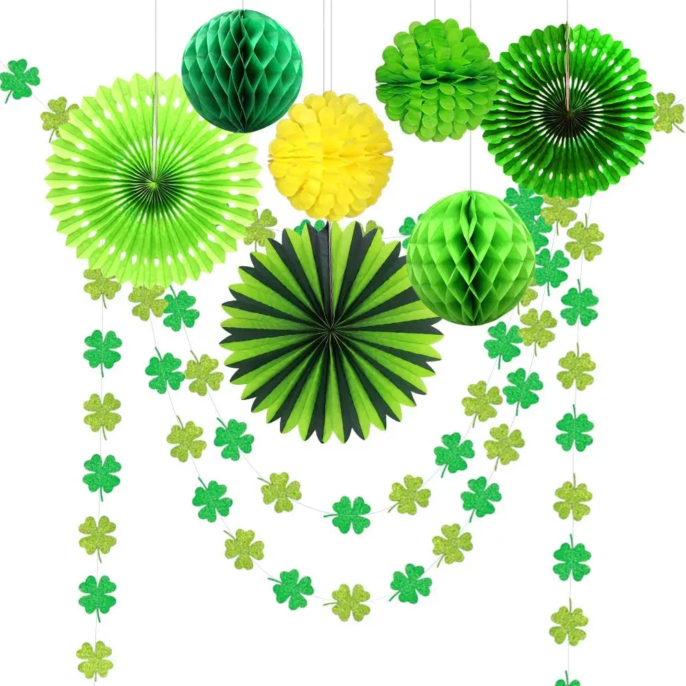 9Pcs St Patricks Day Green Irish Party Decorations Kits Shamrock Clover Garlands Hanging Streamer Paper Pompoms Fan Flower Decor