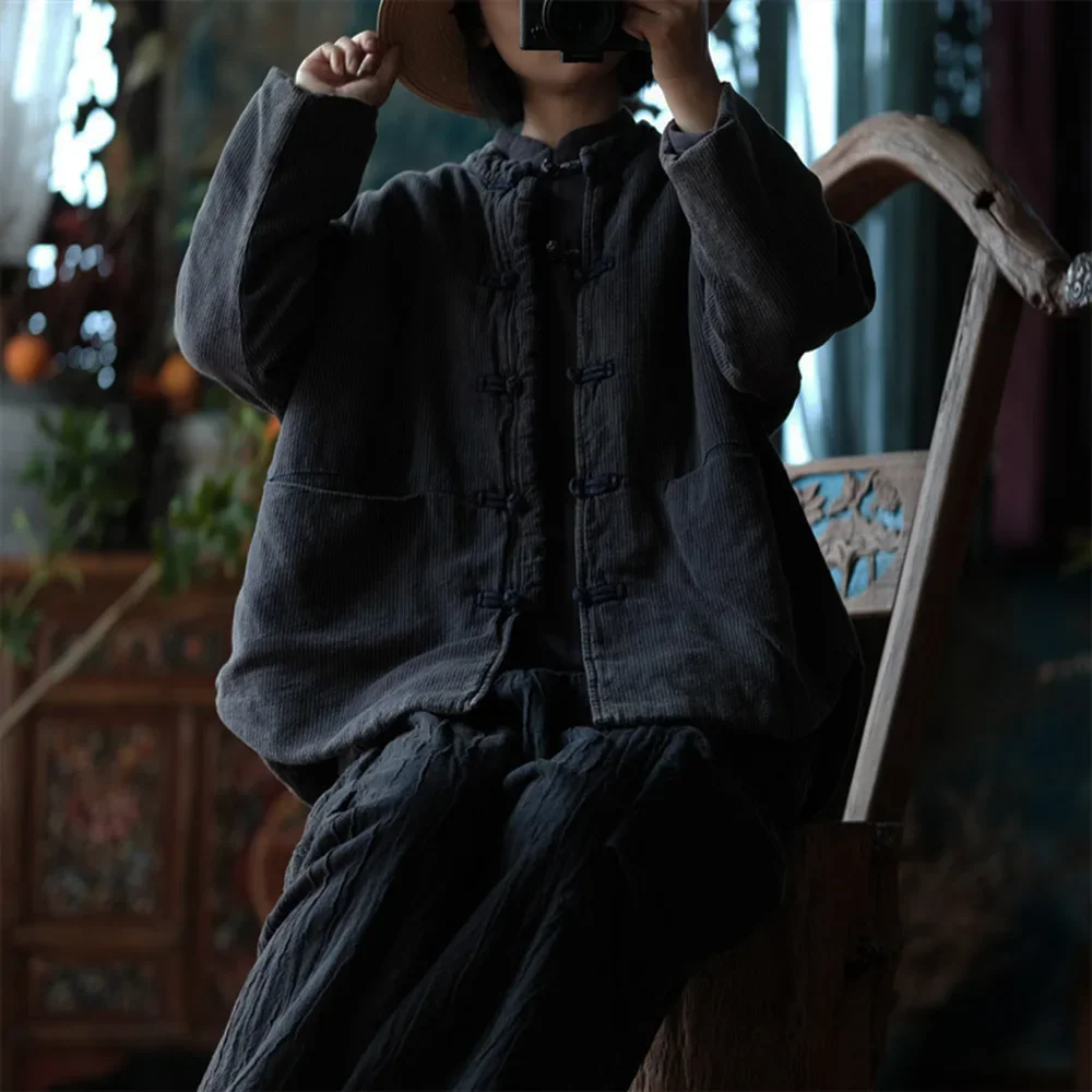 

Женская тонкая стеганая куртка в полоску из хлопка и льна, со старой китайской пряжкой, свободное винтажное короткое пальто с карманами