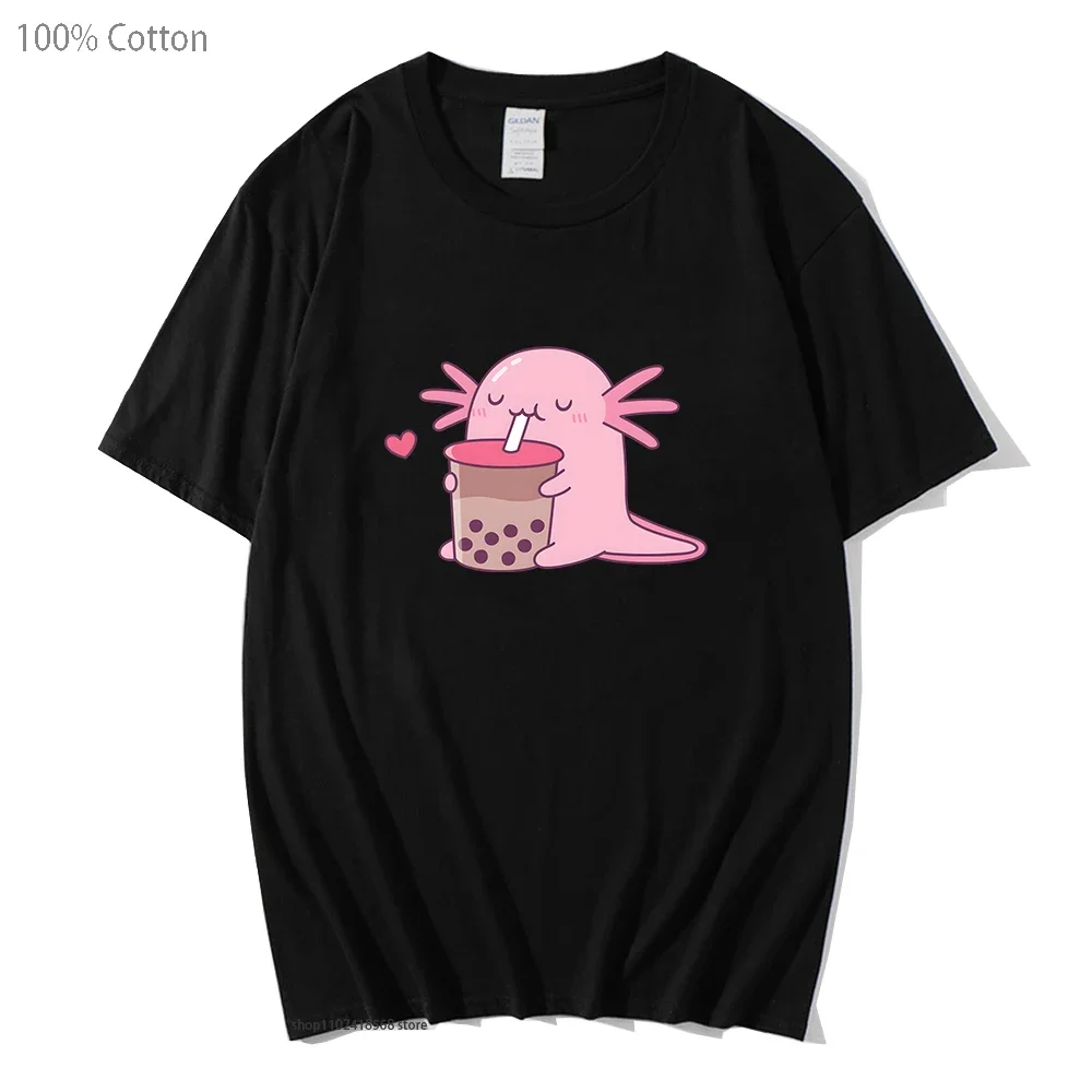 Chubby Axolotl Enjoys Bubble Tea T-Shirts for Women Kawaii Graphic Sweatshirt Men Clothes Y2k Sudaderas Hoodies Unisex Pullover