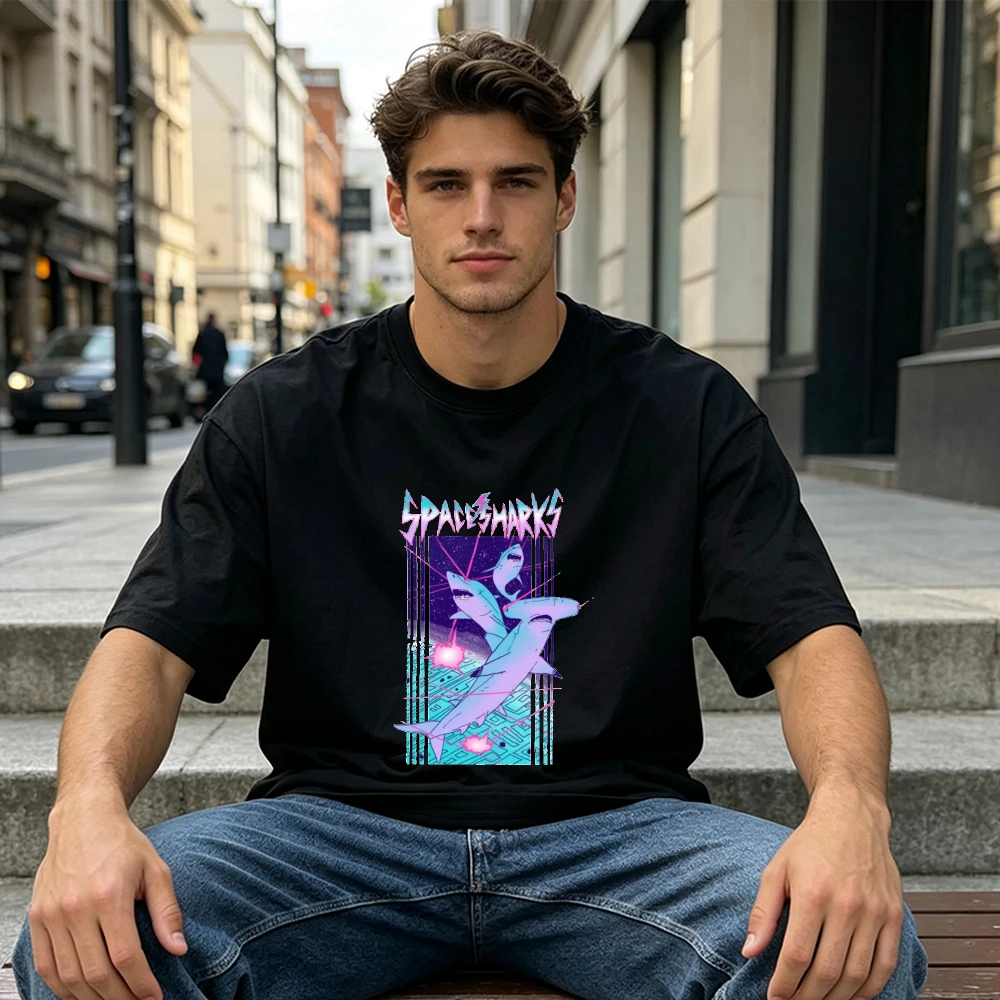 Spacesharks Interstellar Galaxy Art Unisex Men T Shirt Cool Outer Space Aquatic Shark Graphic Tee Summer Casual Streetwear Shirt