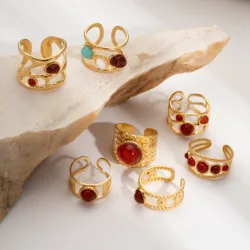 Stainless Steel Green Natural Stone Rings For Women Vintage Trend Punk Jewelry 18K Gold Color Opening Ring Christmas Gift New