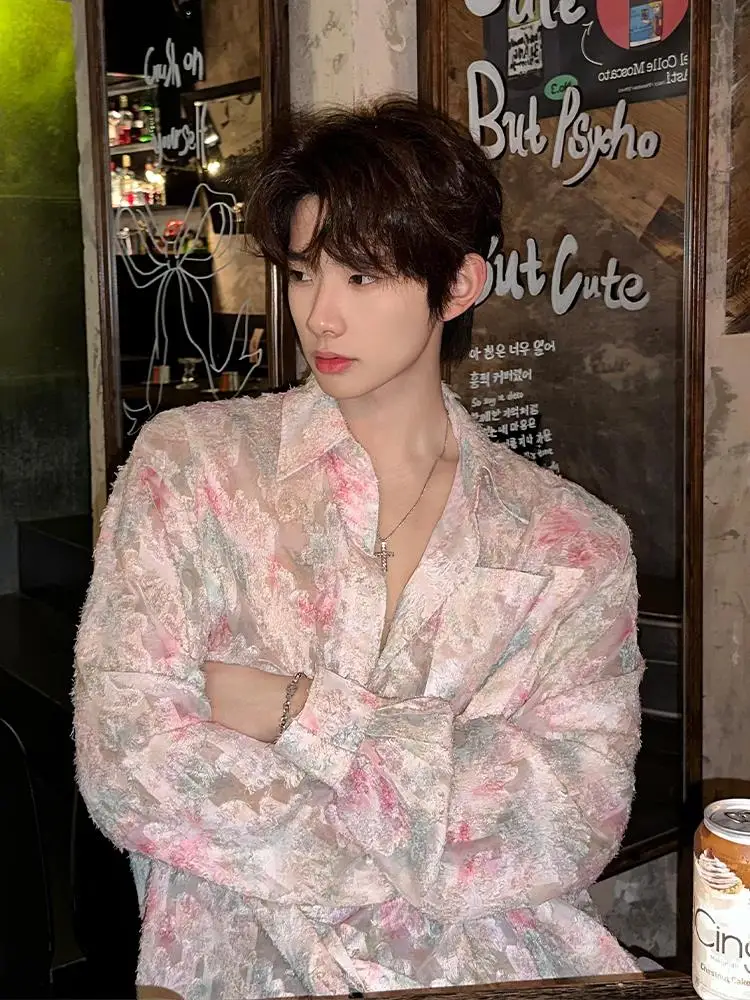 Pink Floral Shirt Men's Premium Long Sleeve Thin Summer Hair Stylist Trendy Brand Men's Outerwear Casual Loose Polyester Fiber