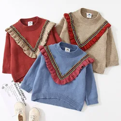 Autumn Winter Spring 2 3 4 6 8 10 12 Years Children O-Neck Knitted Pullover Cotton Ruffles Patchwork Kids Baby Girl Sweater