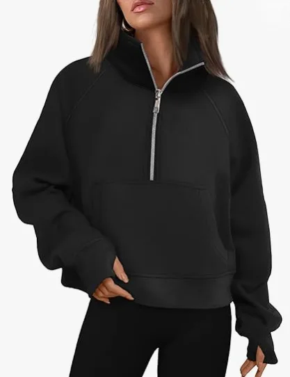 Damen Neue Half-Zip Kurze Reine Farbe Fleece Hoodie Stehkragen Jacke Lässig Bequeme Streetwear