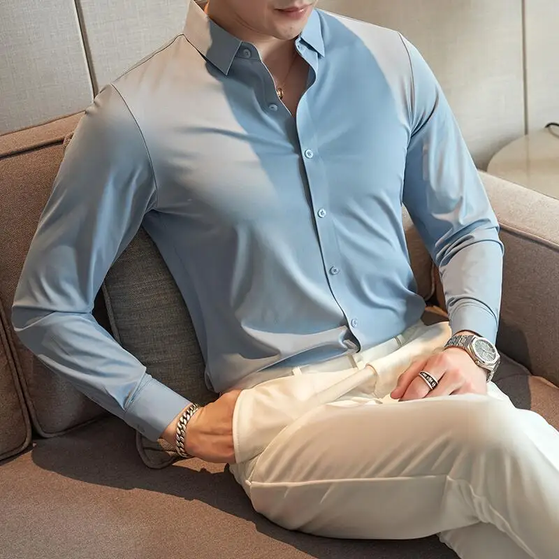 2023 New High Quality No Trace Ice Silk Long Sleeve Elastic Shirts Men Formal Business Slim Fit Solid Casual Shirt Tuxedo 4XL-M