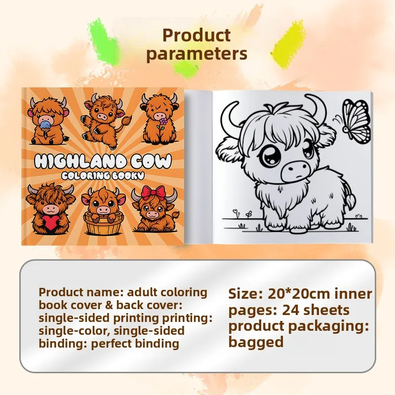 New Highland Cow Themed Coloring Book Thick Paper Graffiti Fill-in Drawing Art Notebook